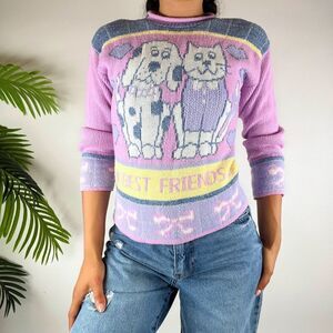 Vintage 90s Cottagecore Purple Kidcore Coquette Knit Grandma Cat Sweater /Sz: XS